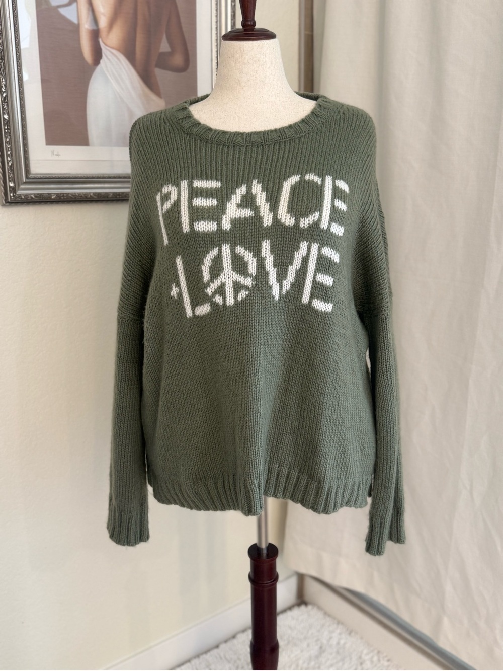 Wooden Ships Olive Green 'Peace Love' Crewneck Sweater